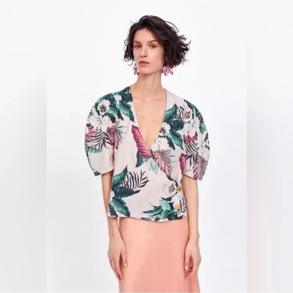 Zara Pink Linen Blend Wrap Blouse - Picture 9 of 11